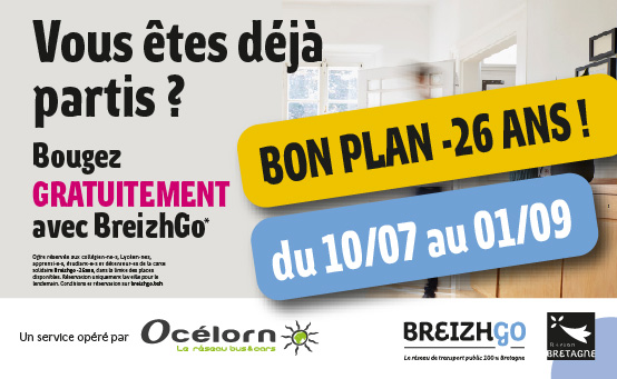 Breizhgo, Transport GRATUIT cet été pour les -26 ans du 10 juillet au 1er septembre. 