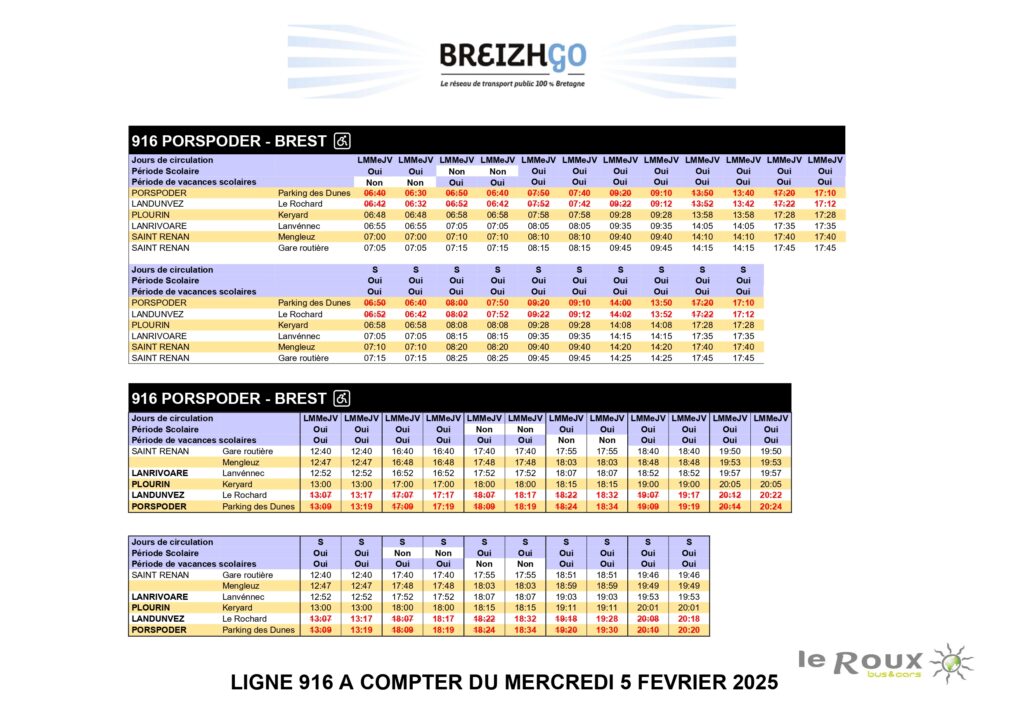 Ligne 916 PORSPODER - BREST VIA SAINT RENAN : Modification des horaires 