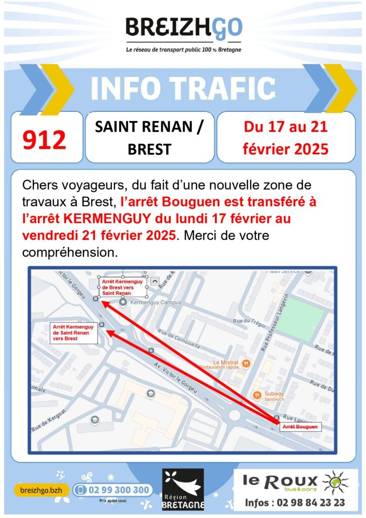 Ligne 912 : Info Trafic Saint-Renan / Brest